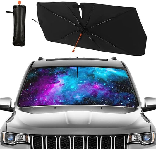 CHILLTEK Funny Car Windshield Sun Shade, Purple Starry Nights Car Sun Shade, Block UV Rays Heat Foldable Windshield Umbrella Sun Visor Protector - Keep Vehicle Cool for Cars SUV