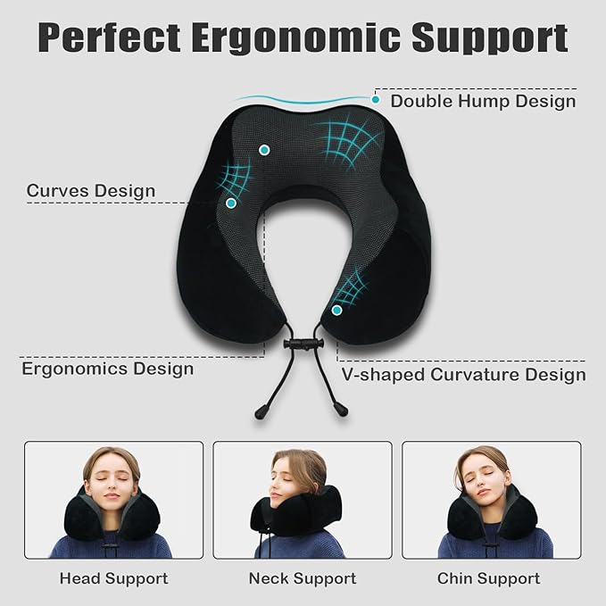Travel Pillow, Memory Foam Neck Pillow for Traveling, U Shape Neck Pillow Airplane Portable Flight Pillow Travel Kit with 3D Contoured Eye Masks and Earplug for Plane Train Car Home Office - Black