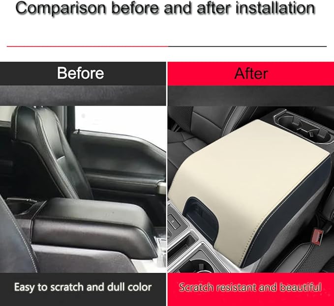 XITER 1PC Leather Center Console Armrest Box Cover Waterproof Cushion Pad for F150 2015-2020 F250 F350 F450 Super Duty 2017-2022 Expedition 2018-2023(Beige+Black)