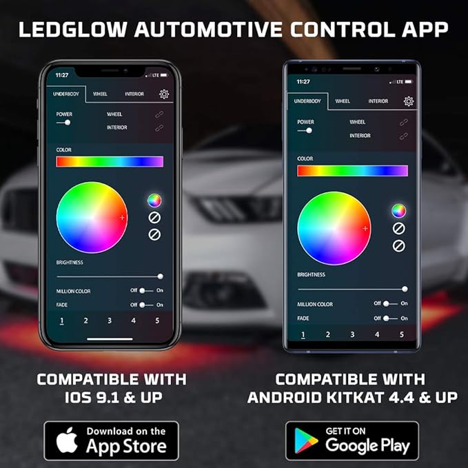 LEDGlow 4pc Bluetooth Million Color LED Underbody Underglow & 4pc Interior Footwell Accent Lighting Kit for Cars - Smartphone App - Courtesy Lights - Create Any Color - Control Box