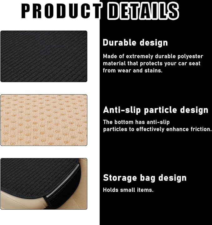 2PCS Car Seat Bottom Cover Pad, Comfortable Auto Front Seat Button Cushion Pad with Pocket, Breathable Vehicle Seat Protector Mat, Universal Truck SUV Van Car Accessories (Black)