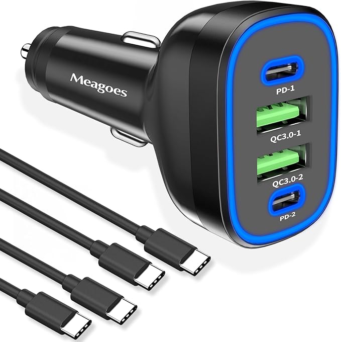 90W 4 in 1 USB C Super Fast Car Charger for iPhone 17 Pro Max/Air/16/15/iPad, Samsung S26, Pixel Android Phone, Dual 45W Type C & QC3.0, 12V Multi Port Cigarette Lighter Adapter + 2 USBC Cord 3.3ft