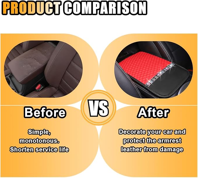 Bling Leather Car Armrest Seat Box Cover, Car Console Armrest Cover with Crystal Rhinestones, Anti-Scratch Waterproof Auto Center Console Protector Cushion Pad for Car SUV Truck (Red)
