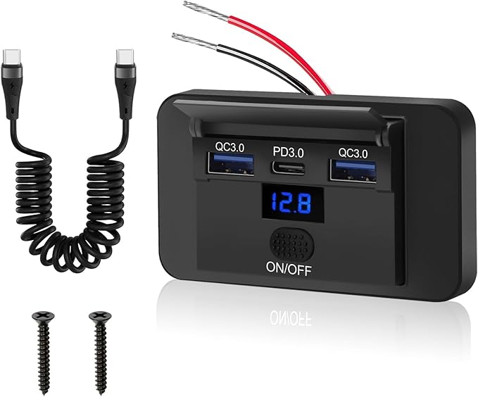 TSV 3 Port 12V USB Outlet Panel Wall Mount, 36W PD & Dual 18W QC3.0 Surface Mount Charger Socket Panel with Voltmeter Button Switch USB C Cable for Car RV Truck Marine