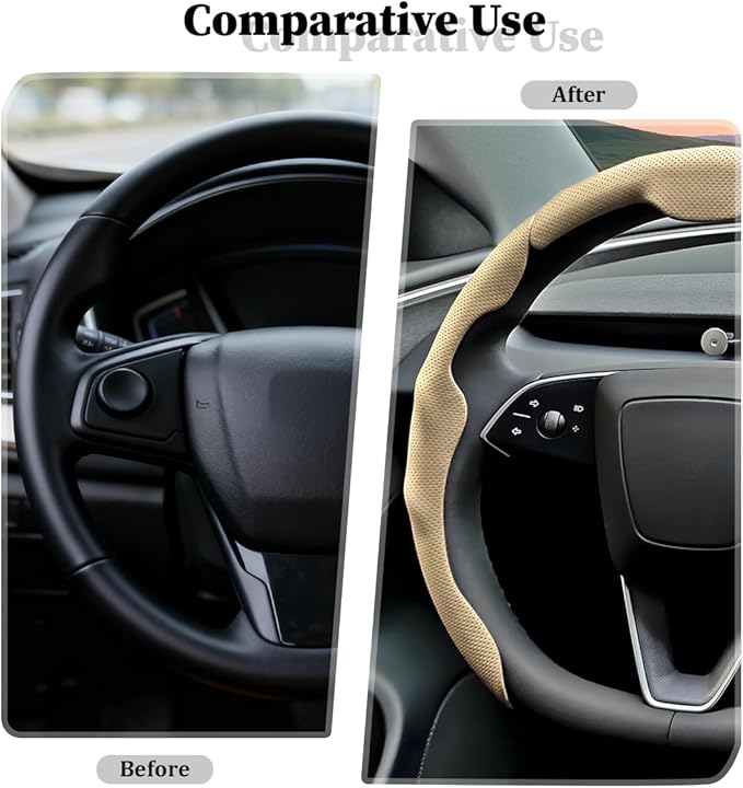 3PCS Car Steering Wheel Cover, Nappa Leather Breathable Non-Slip Segmented Steering Wheel Protector, Snap-on Auto Interior Decoration Accessories, Universal Fit (Beige)