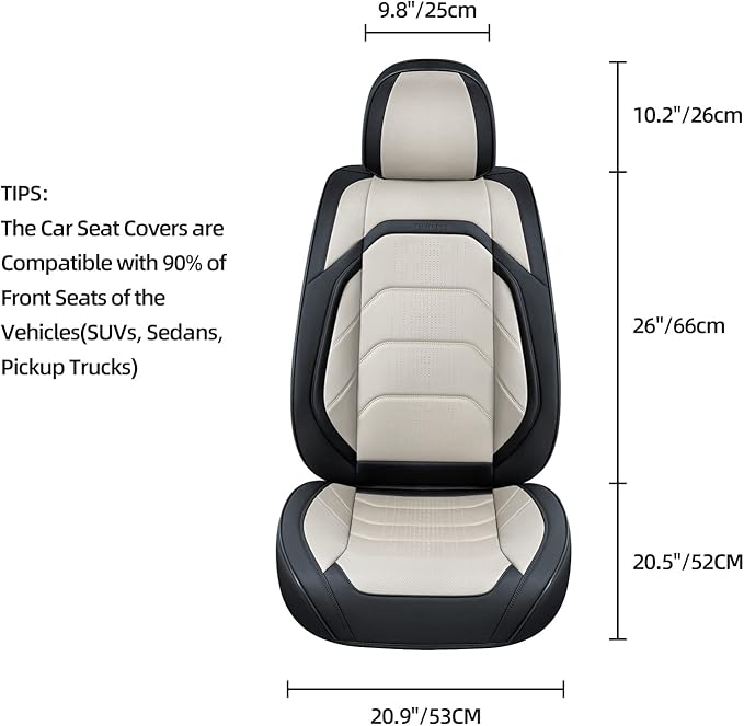 Car Seat Covers Front Pair, Breathable Nappa Leather Car Seat Cushions 2PCS, Auto Interiors Universal Fit for Most Cars, Compatible Automotive Vehicles(Sedan/SUV/Van), Black & White