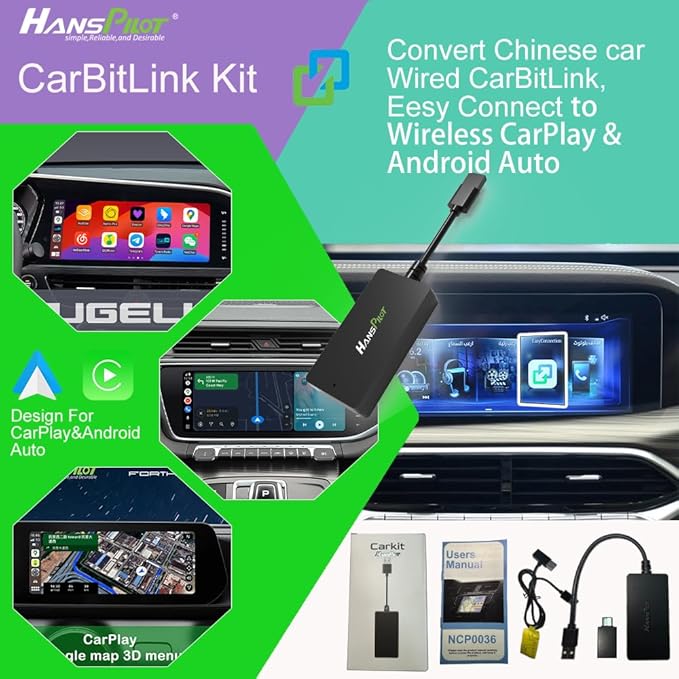 NCP0036 CarKit CarBitLink x Baic Jetour Geely Chery Jac Gac Dongfeng Forthing Hongqi Changan, Wired Carbitlink Smartlink Phonelink Easy Connect to Wireless CarPlay Android Auto Adapter