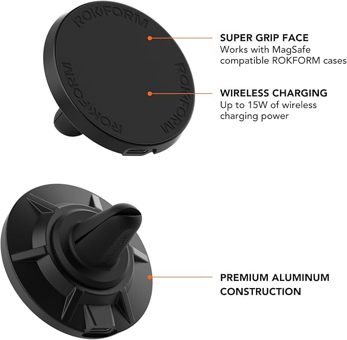 ROKFORM Wireless Car Charger, Magnetic Vent Mount, Compatible with Mag Safe Phone Cases, Super Grip Clip, USB-C to USB-C Cable Included (Black)