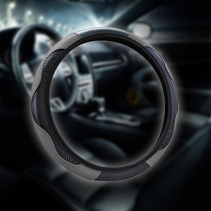 15 inch Car Steering Wheel Cover, Carbon Fiber Microfiber PU Leather Elastic Steering Wheel Protector for Men Women, Anti-Slip Breathable Car Interior Accessories (Grey)