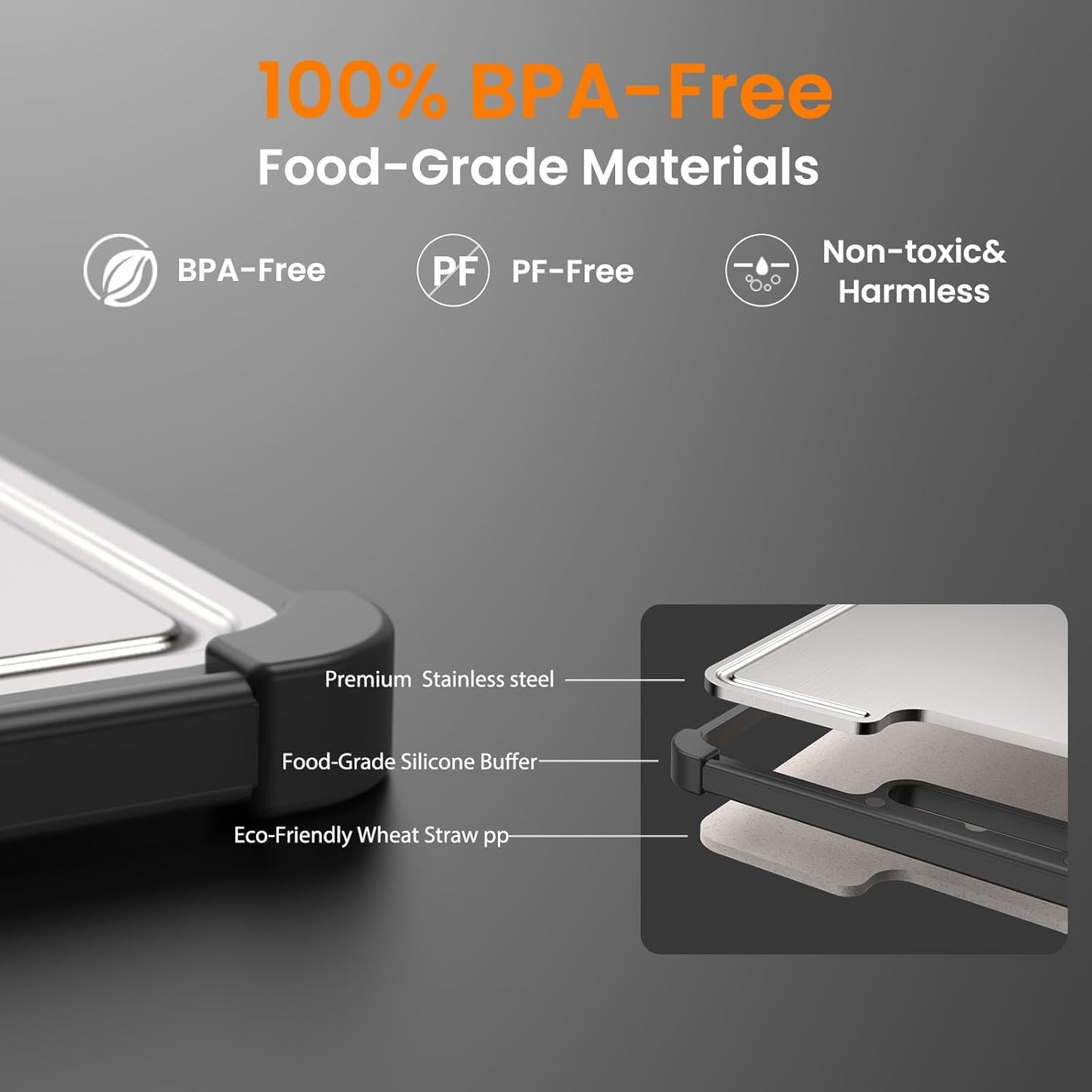 Premium 316 Stainless Steel Cutting Board for Kitchen– Double Sided,Non-Toxic& BPA-Free Chopping Board with Food-Grade Steel &Eco-Friendly Wheat Straw PP,for Meat&Vegetables Healthy Organic Board