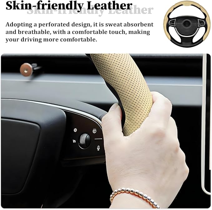 3PCS Car Steering Wheel Cover, Nappa Leather Breathable Non-Slip Segmented Steering Wheel Protector, Snap-on Auto Interior Decoration Accessories, Universal Fit (Beige)