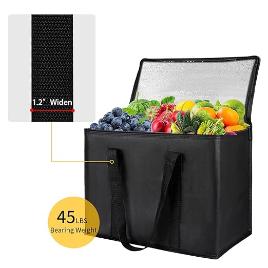 CIVJET 1-Pack Insulated Reusable Grocery Bags, X-Large Insulated Food Delivery Bag for Drivers/Catering/Rideshare, Commercial Food Warmer for Shopping, Tote Cooler Bags, Black