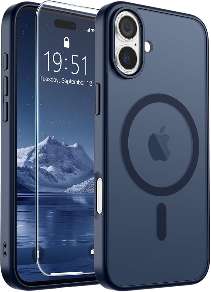SUPFINE Magnetic for iPhone 16 Case with Screen Protector (Compatible with MagSafe) (Military Grade Drop Protection) Translucent Matte Shockproof Phone Cover,Dark Blue