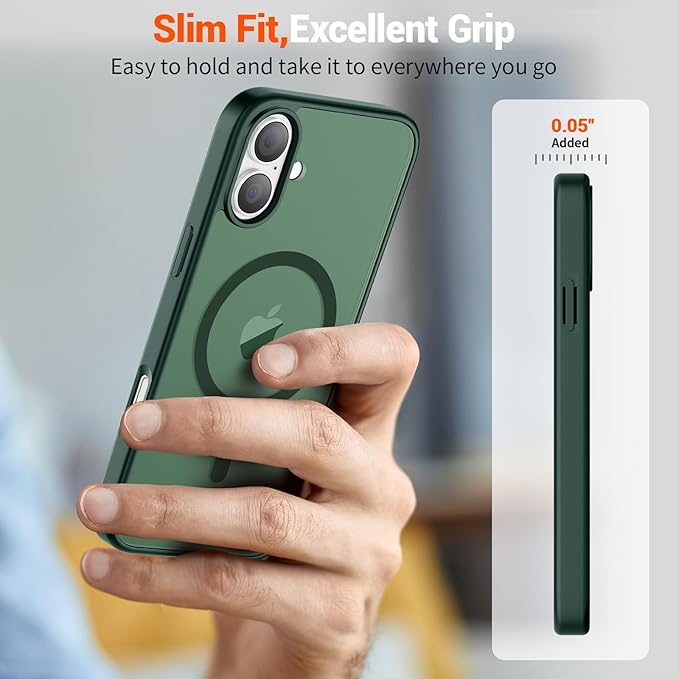 SUPFINE Magnetic for iPhone 16 Case (Compatible with MagSafe) (Military Grade Drop Protection) Slim Translucent Matte Shockproof with Anti-Fingerprint Phone Case,Forest Green