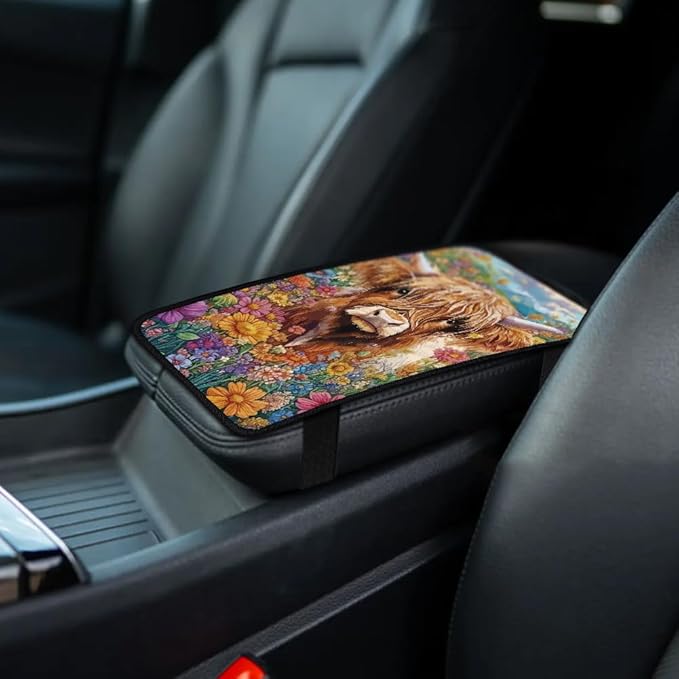 1pc Center Console Armrest Cover Pad 12.6x7.5 inch Highland Cow Neoprene Car Armrest Cushion Waterproof Armrests Seat Box Cover Protector for Universal Cars Vehicles SUVs