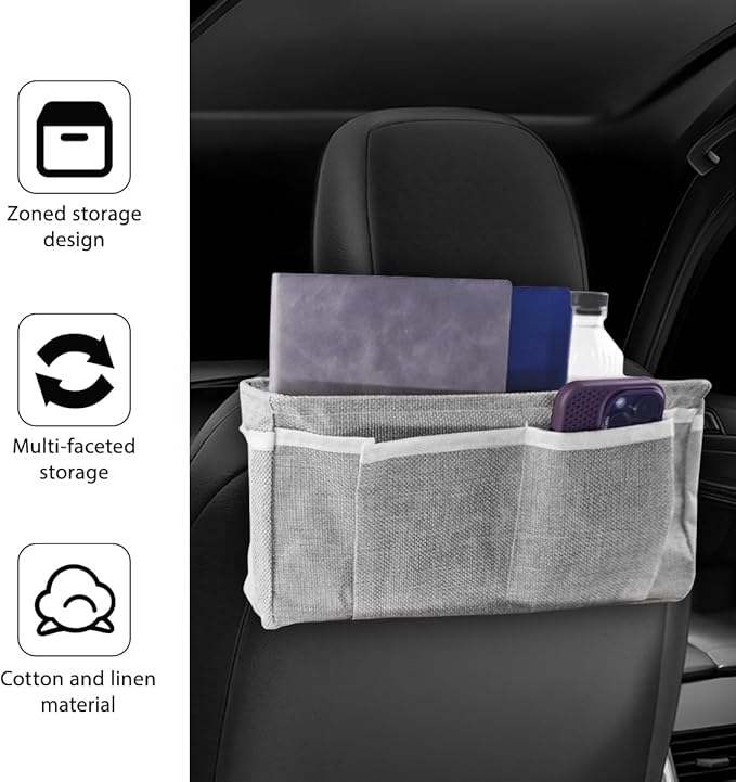 Car Seat Back Organizer, Linen Hanging Self-Adhesive Vehicle Backseat Storage Bag with Multiple Pockets, Auto Caddy for Book Water Bottle Holder, Universal for SUV, Truck, Van (Light Gray)