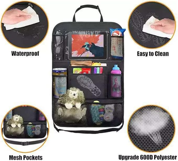 2 Pack Backseat Car Organizer & Kick Mat, Waterproof Seat Back Protector with Clear Pad/Tablet Holder, Universal Fit Car Organizer for Kids Travel Essentials & Storage for SUV/Truck/Sedan