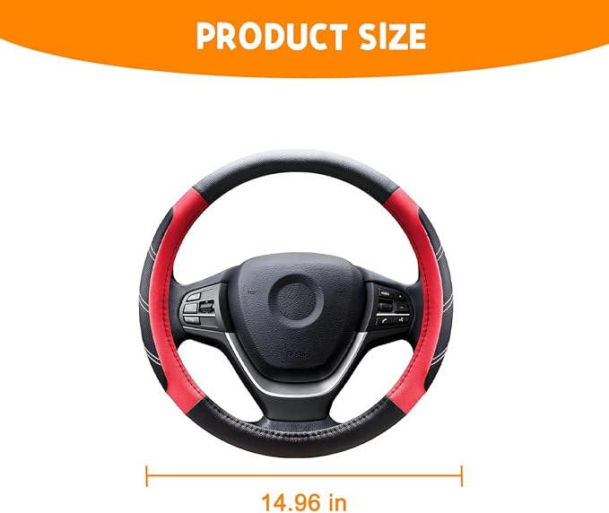 Mandark Car Steering Wheel Cover, Elastic Sport Leather Vehicle Steering Wheel Protector, Non-Slip Soft Grip Padded Auto Interior Protective Accessories, 14.5-15 Inch Universal Fit（Red）