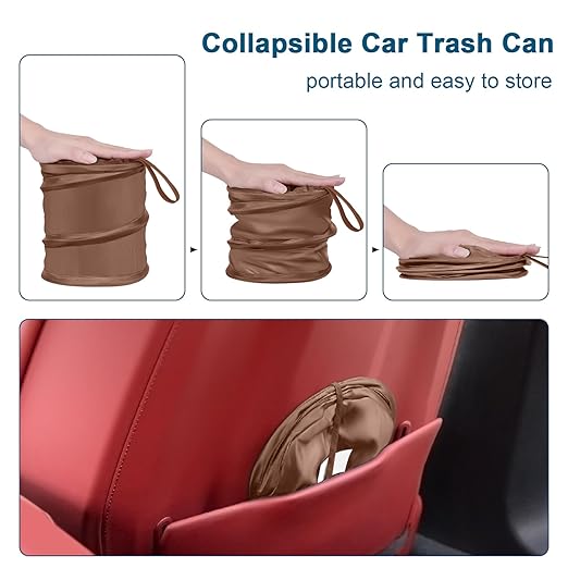 Car Trash Can, 2 Packs Mini Collapsible Car Trash Bin for Front Back Seat, Pop up Car Garbage Can, Portable Car Trash Bag Hanging for Vehicle SUV Rv Truck Accessories Interior, Brown