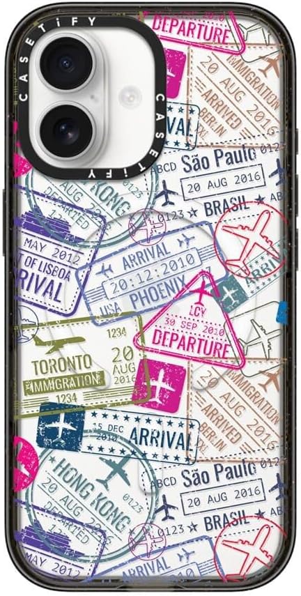 CASETiFY Impact iPhone 17 Case [Slim/Compatible with Magsafe / 8.2 ft. 4X Military Grade Drop Protection] - Travel Stamps - Clear Black