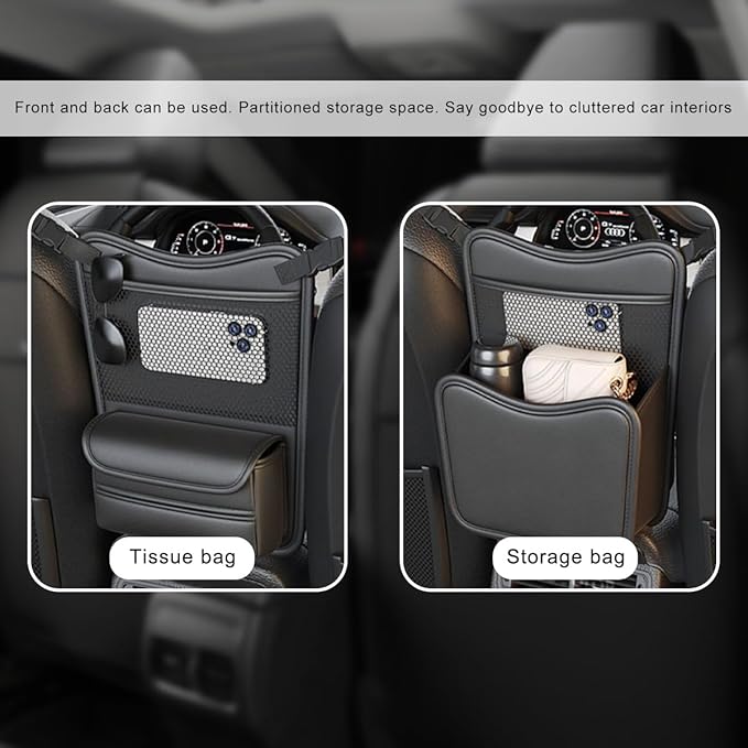 Car Purse Holder Between Seats, Nappa Leather Front Seat Storage Bag with Tissue Holder, Large Capacity Automotive Console Organizer for Document Phone Wallet, Car Accessories (Black)