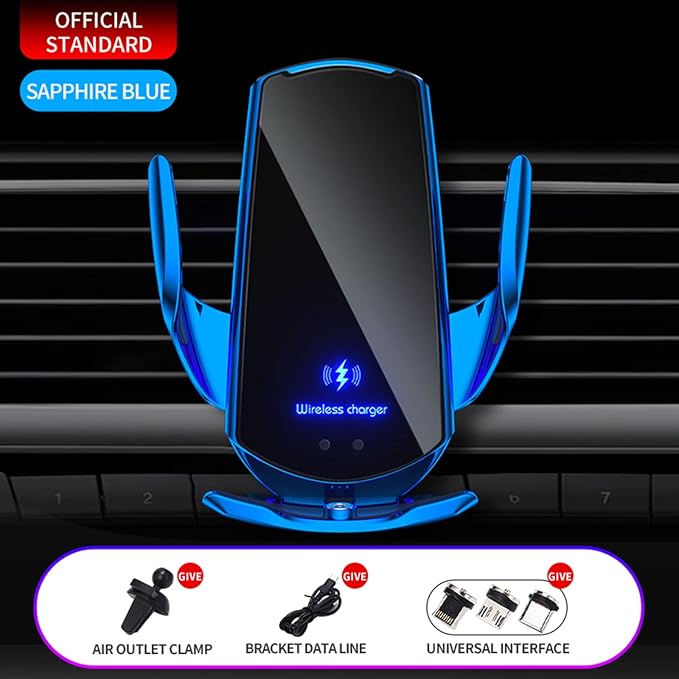 Wireless Car Charger Mount Automotive Electric Induction 15W Wireless Charger Car Auto Clamping Car Phone Holder Mount Wireless Charging Mount Vent Phone Holde Compatible with Android (Blue)