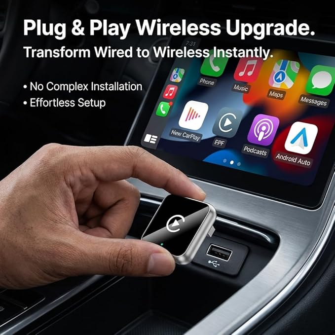 Wireless CarPlay Adapter, 2-in-1 Mini CarPlay & Android Auto Wireless Adapter, Plug & Play, Auto Connect, Car Accessories, Car Play Dongle Compatible with iPhone & Android