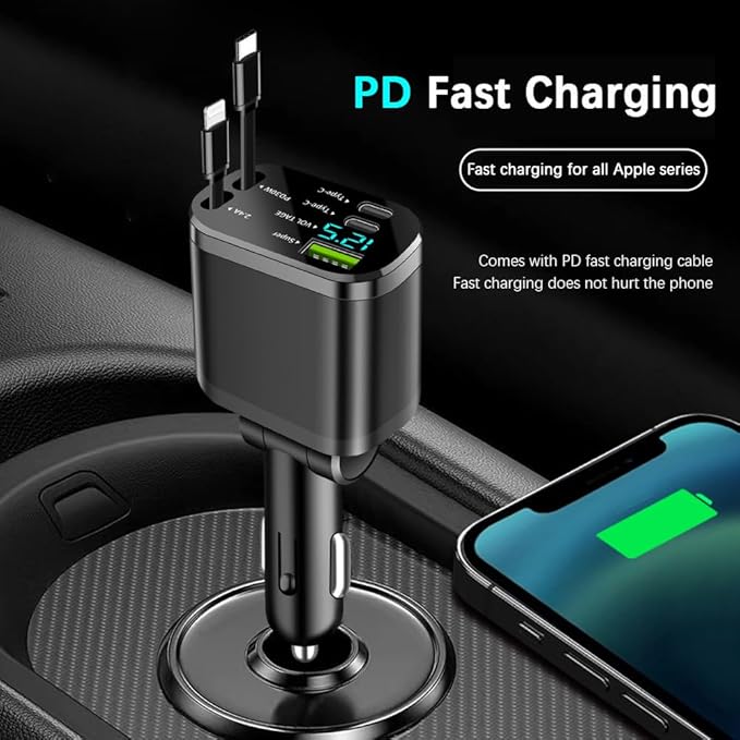 90W Multi-Port Car Charger with Voltage Detection, Super USB-A +2C Fast Charging with Cable L2.4A +PD30W Retractable Cable for iPhone15/16, Compatible with iPhone/Samsung/Android/iPad and More