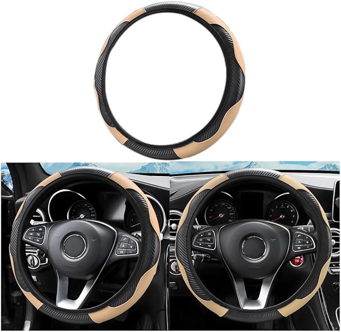 Car Steering Wheel Cover, 15 Inch PU Leather Carbon Fiber Elastic Stretch Without Inner Ring, Breathable Anti-Slip Auto Steering Wheel Protector for Women Men, Universal for Most Cars (Beige)