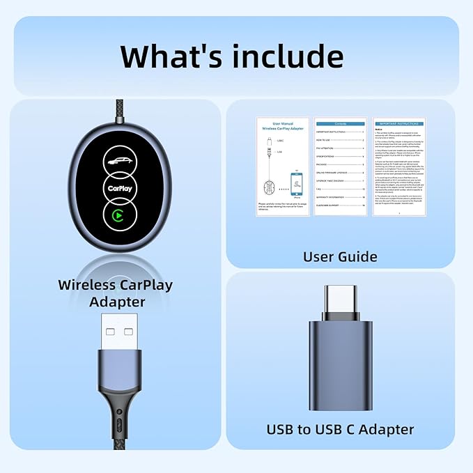 for Apple Wireless Carplay Adapter, Converts Wired to Wireless, Plug & Play, No Delay, Mini Carplay with USB & USB C, Compatible with iPhone 6 or above/iOS10+ & Cars from 2016 (Gray) (Carplay B)
