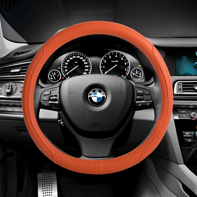 VARGTR Microfiber Leather Steering Wheel Cover with Classic Embossing, Anti-Slip Breathable Auto Car Wheel Protector, Fit 15 Inch (Orange)
