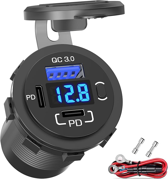 12V USB Outlet Qidoe USB C Car Charger Socket Dual PD 30W and 18W QC3.0 Port USB Car Socket with Voltmeter Button Switch Lengthened Waterproof USB Power Outlet for Car Boat Marine RV Vehicle