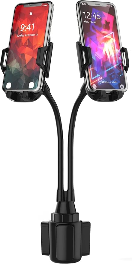 Double Phone Holder for Car Cup Holder – Extra Long and Flexible Neck, 360° Rotatable Cradle Car Phone Mount - Adjustable Cell Cup Holder, Universal Size Fits 2 iPhone, Samsung, GPS