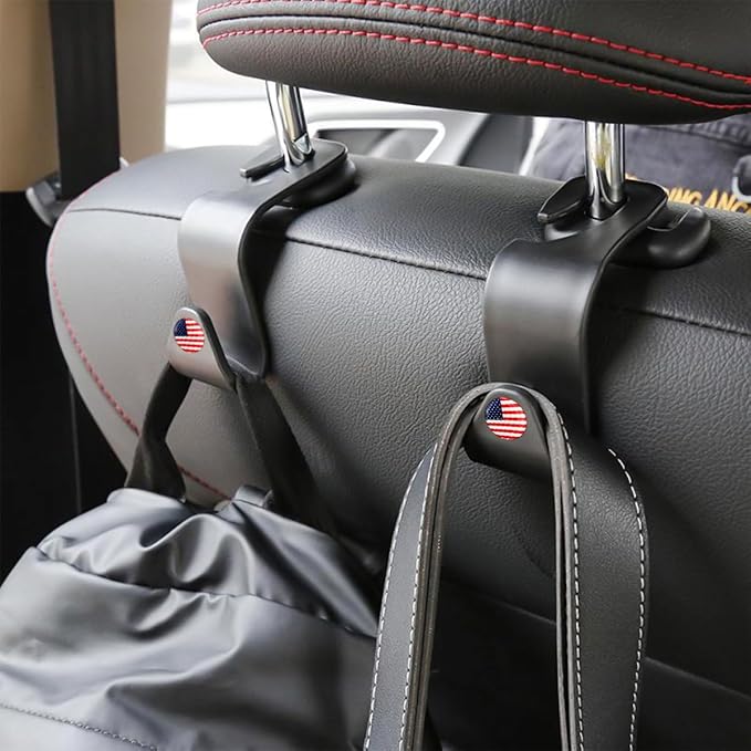 4PCS Car Seat Headrest Hooks, Auto Back Seat Hanger Holder, Durable Stylish Vehicle Organizer Universal Car Interior Accessories, Storage Hooks for Purses, Bags, Clothes, Hats (Black/Red Flag)