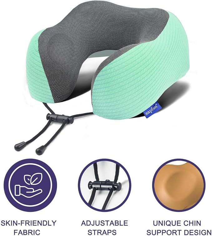 napfun Neck Pillow for Traveling, Upgraded Travel Neck Pillow for Airplane 100% Pure Memory Foam Travel Pillow for Flight Headrest Sleep, Portable Plane Accessories, Turquoise Striped Kit