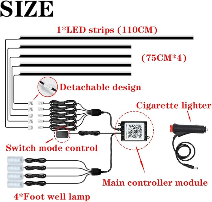 LED Interior Car Strip Light, Multicolor RGB 9 in 1 Optic Ambient Lighting Kits，Dual Control with Switch and A P P, Neon Lights On Car Dashboard with Music Sync Mode (9 in 1)