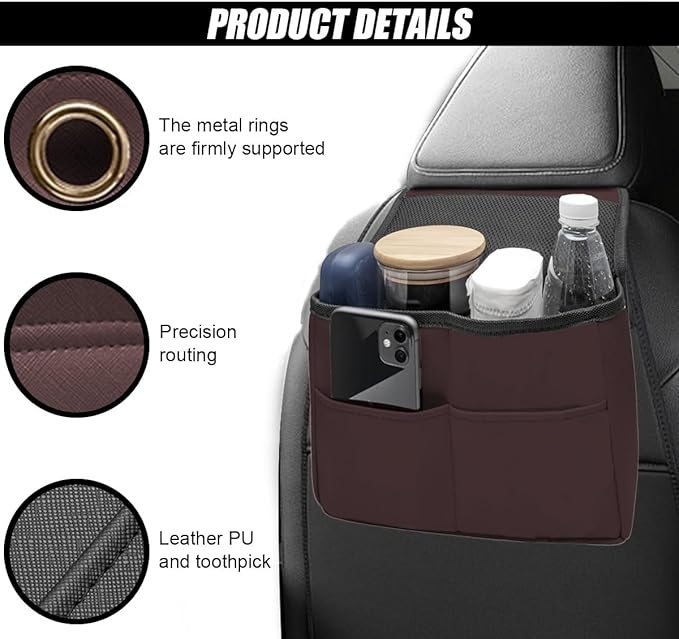 Car Back Seat Organizer, Waterproof PU Leather Car Hanging Storage Bag, Multipurpose Front & Backseat Car Seat Storage Organizer, Universal Interior Car Accessories for Most Vehicles (Brown Red)