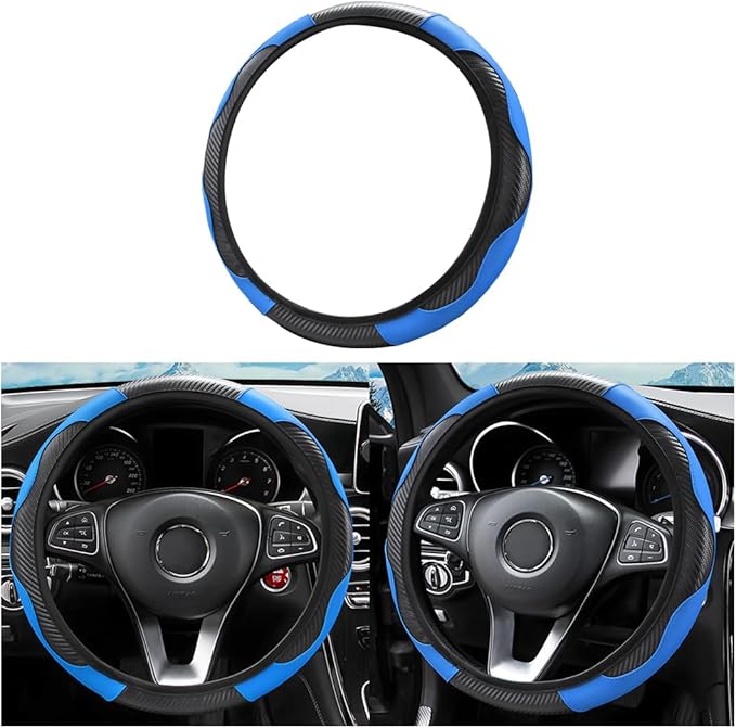 Car Steering Wheel Cover, Elastic Anti-Slip Microfiber PU Leather Auto Steering Wheel Protector, Comfortable Vehicle Interior Protective Accessories, Universal for RV, SUV, Truck (Black/Blue)