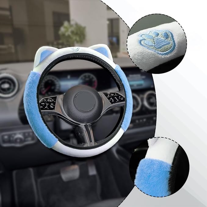 Car Steering Wheel Cover, 15 Inch Fluffy Soft Plush Auto Protector, Anti-Slip Elastic Lovely Car Cover Accessories with Kitty Cat Ears Universal for Most Vehicles (Fluffy-White+Blue)
