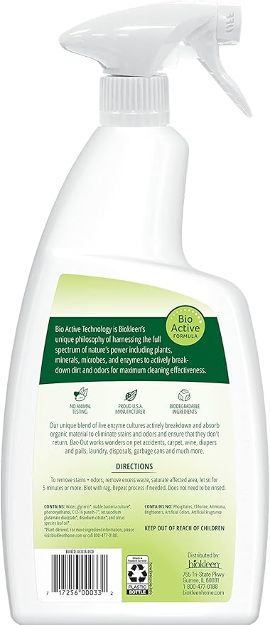 Biokleen Bac-Out Enzyme Cleaner Spray and Stain & Odor Remover for Pet Stains, Laundry, Diapers, Wine, Carpets, & More, Eco-Friendly, Non-Toxic, Lime Scent, 32 Ounces