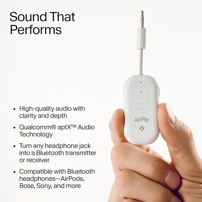 Twelve South AirFly Pro | Bluetooth Wireless Transmitter/Receiver Adapter for 2 Headphones, Audio Sharing, Compatible with 3.5mm aux Jack for Airplanes, TV, Gym, Stereo, and Travel, Gold