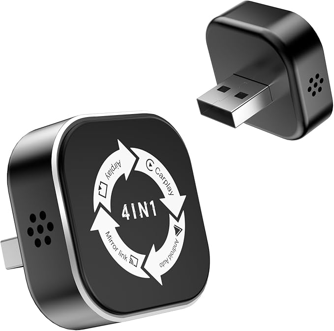 4 in 1 Wireless Carplay Adapter 2026 Upgrade, Ultra-mini Size USB Design Wired to Wireless Adapter for Apple Carplay & Android Auto & Airplay & Mirror Link, Plug and Play (Black)