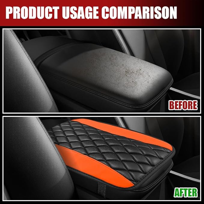 Car Center Console Cushion Pad, Armrest Cover for Car, Leather Waterproof Armrest Seat Box Cover, Auto Accessories Comfortable Arm Rest Box Cushion Pad for Most Vehicles (Orange)