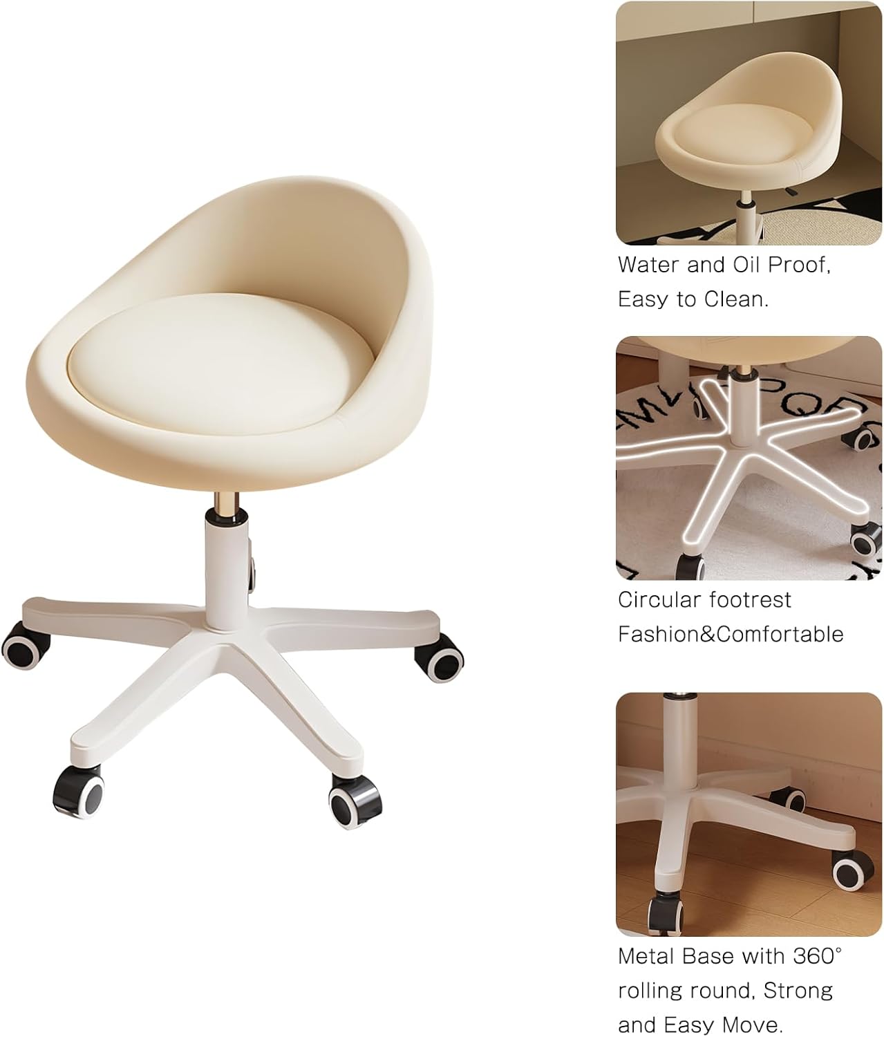 Rolling Stool Set of 2 Rolling Hydraulic Salon Stool with Low Backrest - Adjustable Swivel Chair for SPA, Shop, Salon, Massage, or Medical Office Beige