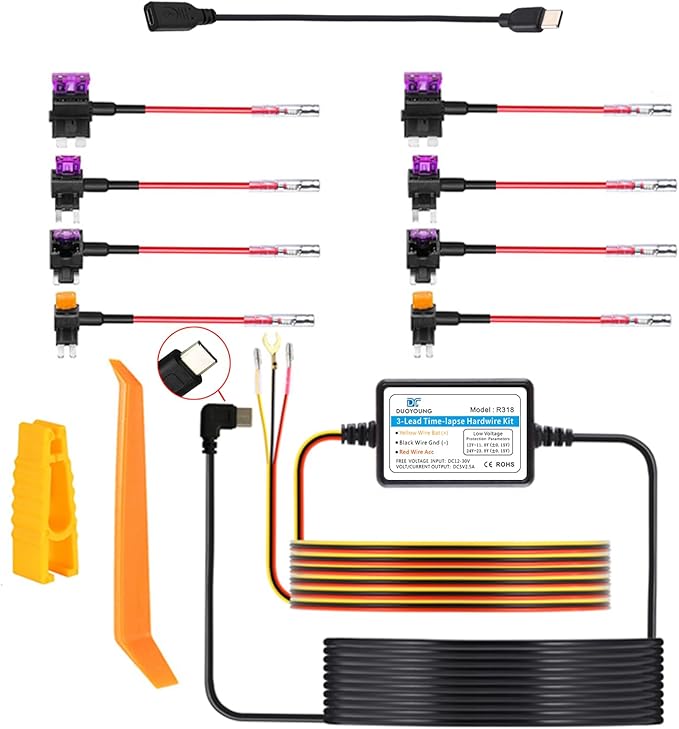 DUOYOUNG Dash Cam Hardwire Kit (12V-24V to 5V), USB C Hardwire Kit for Dash Camera with Acc Functionality, Add a Circuit Fuses, 24h Parking Monitor and Low Voltage Protection (11.5FT)