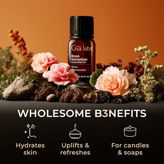 100% Pure Rose Geranium Essential Oil - 0.34 Fl Oz - Rose Geranium Oil for Hair, Skin, Diffuser, Aromatherapy & DIY Candle Making Scent