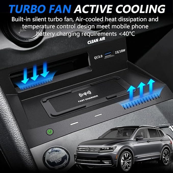 Wireless Car Charger for Volkswagen VW Tiguan MK2 2017 2018 2019 2020 2021, Wireless Fast Phone Charging Pad with 18W QC3.0 USB, Fit for Volkswagen Tiguan Interior Accessories Upgrades