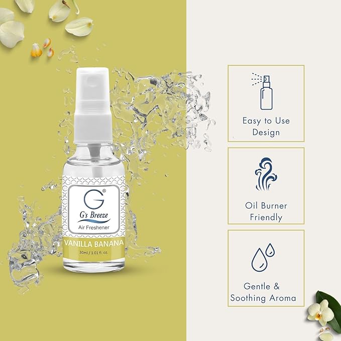 G's Breeze Vanilla Banana Air Freshener - Rich blend of Creamy Vanilla & Ripe Banana Fragrance - Sweet Floral Scent - Long Lasting Aroma - Ideal for Home, Car, Office - Create Cozy Bliss