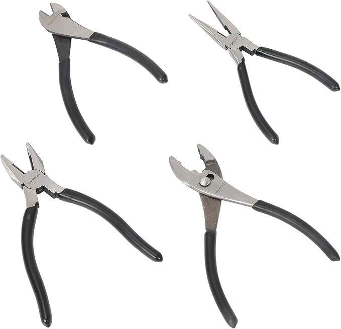 Amazon Basics Pliers Set, Hand Tools for Precision, Cutting Wire Cutter with Needle Nose and Diagonal, Quality Tool Set for Home Maintenance, Set of 4, Black and Silver