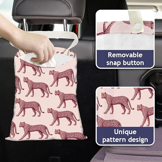 Leopard Print Car Trash Bag Hanging Garbage Bag with Snap Buttons Car-Back Seat Trash Storage Portable Dustbin for Car Interior Accessories Travel Camping